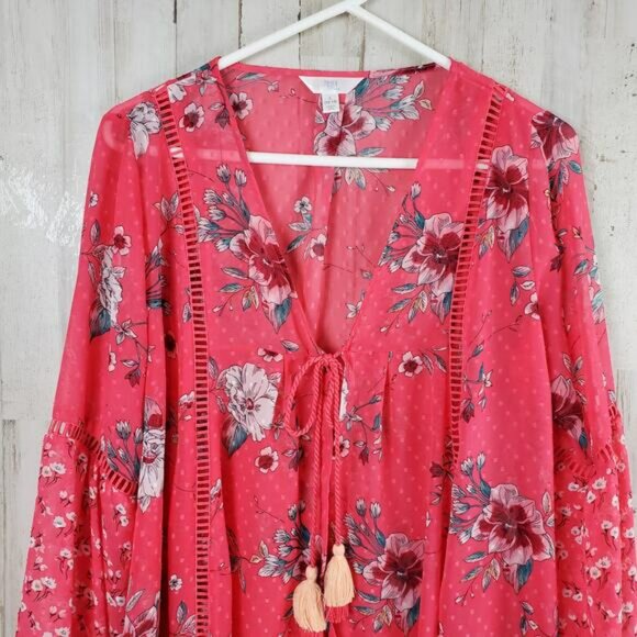Time and Tru Floral Open Front Top Pink Size Large - Picture 4 of 9